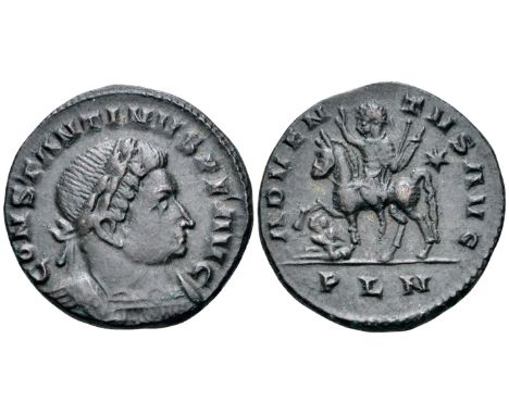 Constantine I BI Nummus. London, circa AD 311-312. CONSTANTINVS P F AVG, laureate and cuirassed bust right / ADVEN-TVS AVG, e