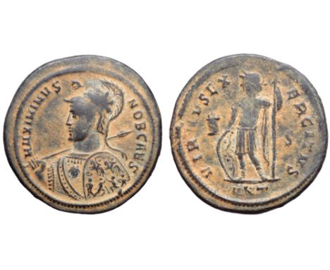 Maximinus II, as Caesar, Æ Nummus. Antioch, circa AD 309-310. MAXIMINVS NOB CAES, laureate, helmeted and cuirassed bust left,