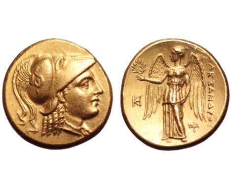Kingdom of Macedon, Alexander III 'the Great' AV Stater. Miletos, circa 323-319 BC. Head of Athena right, wearing crested Cor