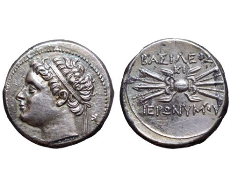 Sicily, Syracuse AR 10 Litrai. Hieronymos, 215-214 BC. Diademed head left; retrograde K behind / BAΣIΛEΩΣ IEPΩNYMOY, winged t