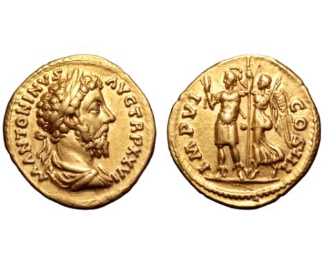 Marcus Aurelius AV Aureus. Rome, AD 172. M ANTONINVS AVG TR P XXVI, laureate, draped and cuirassed bust right / IMP VI COS II