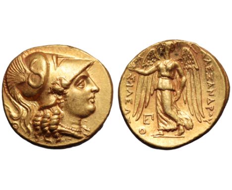 Kingdom of Macedon, Alexander III 'the Great' AV Stater. Tarsos, circa 323-319 BC. Head of Athena right, wearing crested Cori