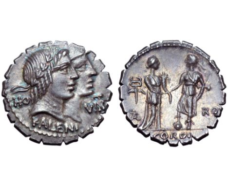 Q. Fufius Kalenus and Mucius Cordus AR Serrate Denarius. Rome, 70 BC. Jugate heads right of Honos, laureate, and Virtus, wear