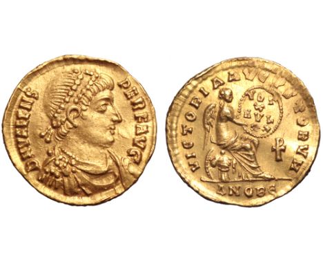 Valens AV Semissis. Antioch, AD 373-375. D N VALENS PER F AVG, pearl-diademed, draped and cuirassed bust right / VICTORIA AVG