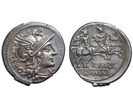 Q. Marcius Libo AR Denarius. Rome, 148 BC. Head of Roma right, wearing winged helmet; X below chin, LIBO behind / The Dioscur