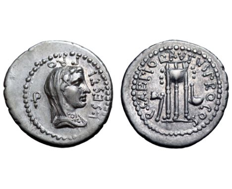 Q. Servilius Caepio (M. Junius) Brutus AR Denarius. Military mint travelling with Brutus in Asia Minor, 42 BC. Veiled and dra