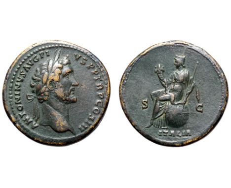 Antoninus Pius Æ Sestertius. Rome, AD 141-143. ANTONINVS AVG PIVS P P TR P COS III, laureate head right / Italia, wearing tut