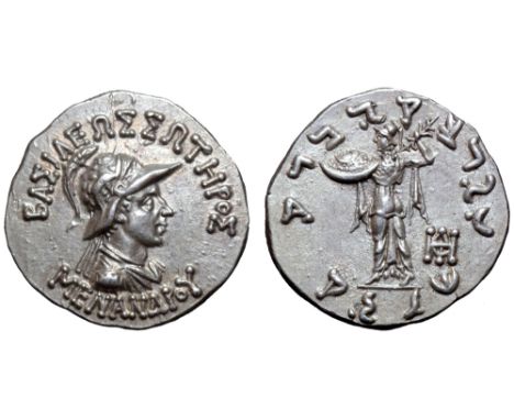 Indo-Greek Kingdom, Menander I Soter AR Drachm. Circa 155-130 BC. Diademed, draped, and cuirassed bust right, wearing crested