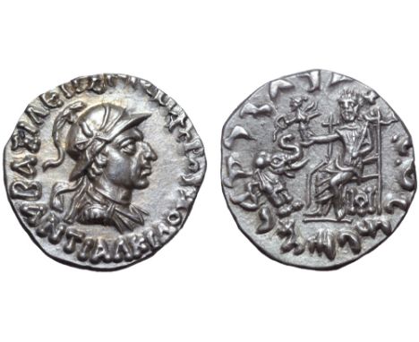 Indo-Greek Kingdom, Antialkidas Nikephoros AR Drachm. Circa 130-120 BC. Diademed and draped bust right, wearing crested helme