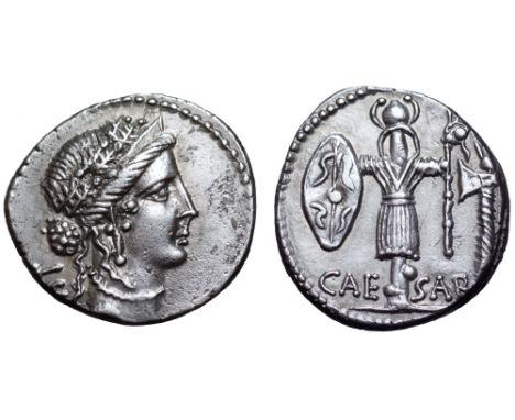 Julius Caesar AR Denarius. Military mint travelling with Caesar, 48-47 BC. Diademed female head right, wearing oak-wreath, cr