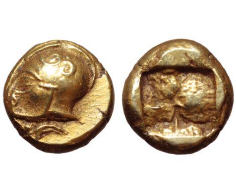 Ionia, Phokaia EL Hekte. Circa 521-478 BC. Helmeted male head to left, with frontal eye and tendril ornament on bowl of helme