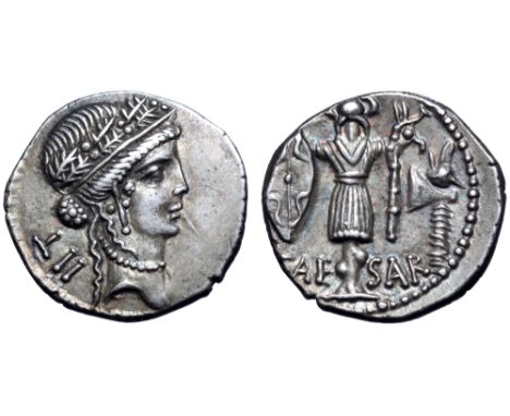 Julius Caesar AR Denarius. Military mint travelling with Caesar, 48-47 BC. Diademed female head right, wearing oak-wreath, cr