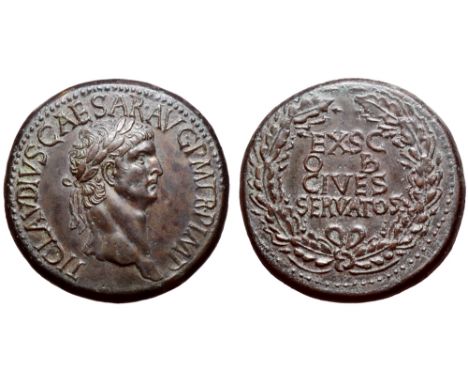 Claudius Æ Sestertius. Rome, circa AD 41/42. TI CLAVDIVS CAESAR AVG P M TR P IMP, laureate head right / EX SC OB CIVES SERVAT