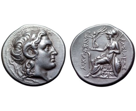 Kings of Thrace, Lysimachos AR Tetradrachm. Lampsakos, circa 297-281 BC. Head of the deified Alexander the Great right, weari
