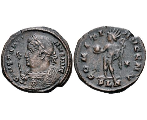 Constantine I BI Nummus. London, circa AD 311-312. CONSTANTI-NVS AVG, laureate and trabeate bust left, holding scipio / COMIT