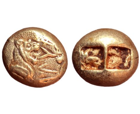 Kingdom of Lydia, Alyattes EL Trite - 1/3 Stater. Sardes, circa 610 BC. Lion's head right with open jaws and protruding tongu