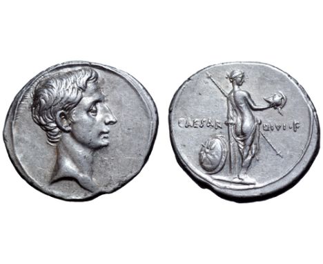 Octavian AR Denarius. Italian mint (Rome?), autumn 32 - summer 31 BC. Bare head right / Venus standing right, seen from back 