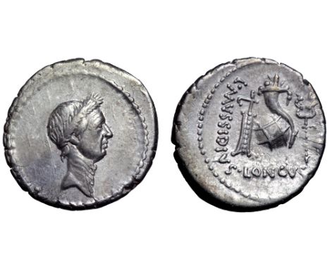 Julius Caesar AR Denarius. Rome, 42 BC. L. Mussidius Longus, moneyer. Laureate head of Caesar right / L•MVSSIDIVS• LONGVS, co