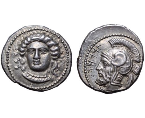 Cilicia, Tarsos AR Stater. Datames, Satrap of Cilicia and Cappadocia. Circa 384-362 BC. Female head (of Arethusa?) facing sli