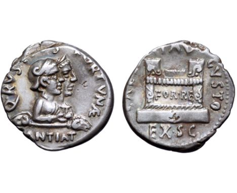 Augustus AR Denarius. Q. Rustius, moneyer. Rome, circa 19/18 BC. Q•RVSTIVS•FORTVNAE, jugate busts of Fortuna Victrix wearing 