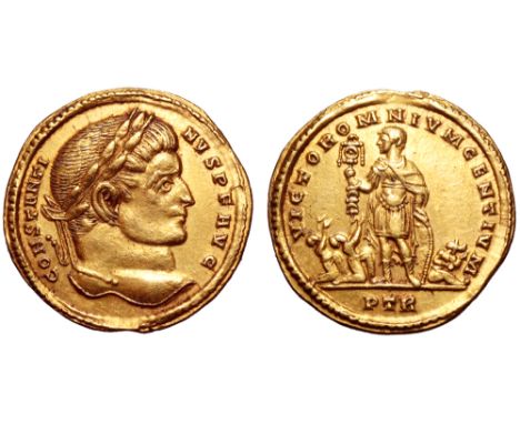 Constantine I AV Solidus. Treveri, AD 313-314. CONSTANTINVS P F AVG, laureate head right / VICTOR OMNIVM GENTIVM, Constantine