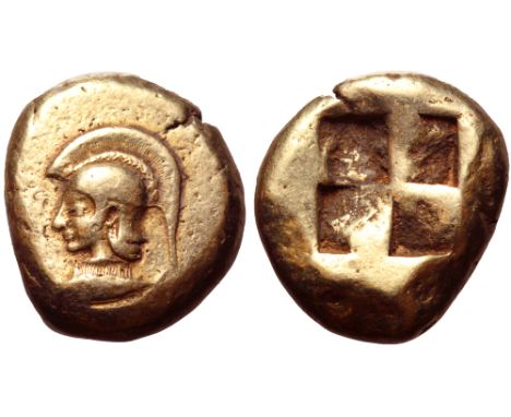 Mysia, Kyzikos EL Stater. Circa 550-450 BC. Head of Athena to left, wearing crested Attic helmet, base of crest decorated wit