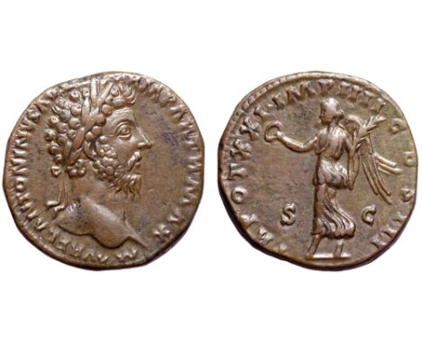 Marcus Aurelius Æ Sestertius. Rome, AD 166-167. M AVREL ANTONINVS AVG ARM PARTH MAX, laureate head right / TR POT XXI IMP III