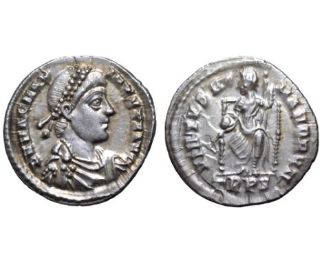 Magnus Maximus AR Siliqua. Treveri, AD 383-388. D N MAG MAXIMVS P F AVG, pearl-diademed, draped and cuirassed bust right / VI