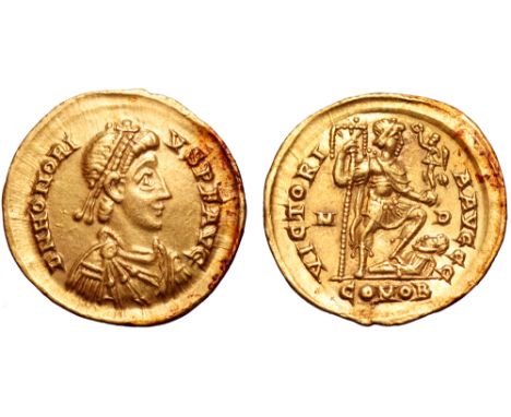 Honorius AV Solidus. Mediolanum, AD 394-395. D N HONORIVS P F AVG, pearl- diademed, draped and cuirassed bust right / VICTORI