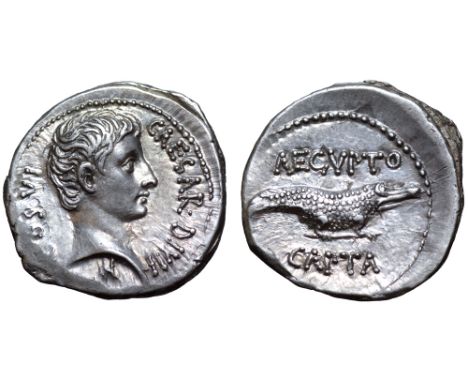 Octavian AR Denarius. Uncertain Eastern mint, 28 BC. CAESAR•DIVI•F COS•VI, bare head right; small Capricorn right below neck 