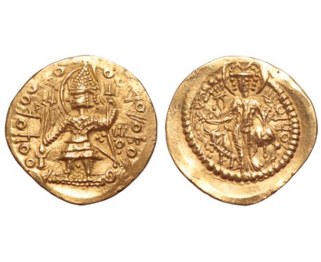 Kushan Empire, Vasudeva II AV Dinar. Circa AD 290-310. Mint III (C). Vasudeva, nimbate, standing facing, head left, sacrifici