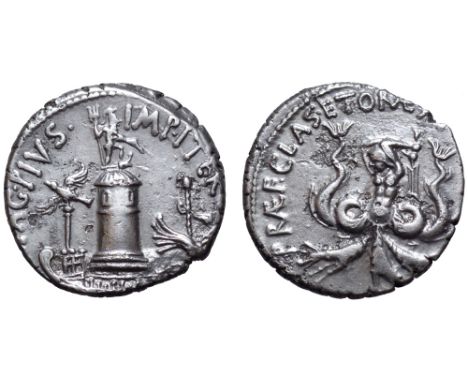 Sextus Pompey AR Denarius. Sicily, 42-40 BC. The Pharos of Messana surmounted by a statue of Neptune, in foreground, galley l