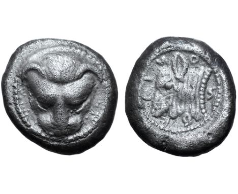 Bruttium, Rhegion AR Stater. Circa 485/3-481 BC. Euboic-Chalkidian standard. Facing lion's head / Head of calf to left with t