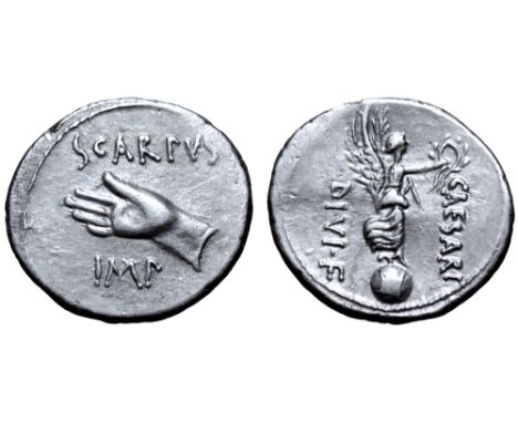 Octavian AR Denarius. Cyrene, autumn 31 BC. L. Pinarius Scarpus, moneyer. Open right hand; SCARPVS above, IMP below / Victory