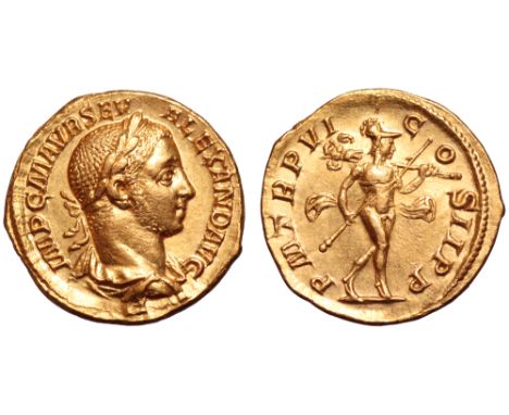 Severus Alexander AV Aureus. Rome, AD 227. IMP C M AVR SEV ALEXAND AVG, laureate and draped bust right / P M TR P VI COS II P