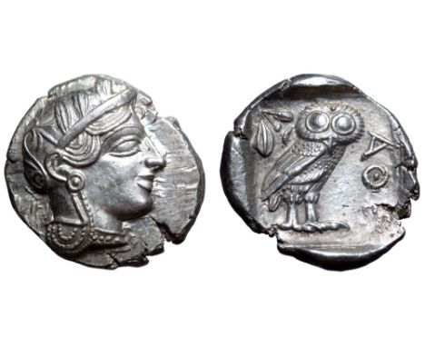Attica, Athens AR Tetradrachm. Circa 454-404 BC. Head of Athena right, wearing earring, necklace, and crested Attic helmet de