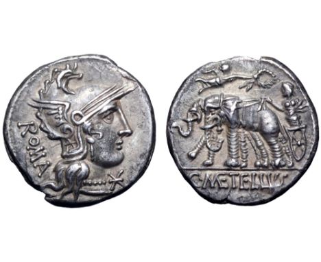 C. Caecilius Metellus AR Denarius. Rome, 125 BC. Head of Roma right, wearing helmet surmounted by eagle's head; ROMA behind; 