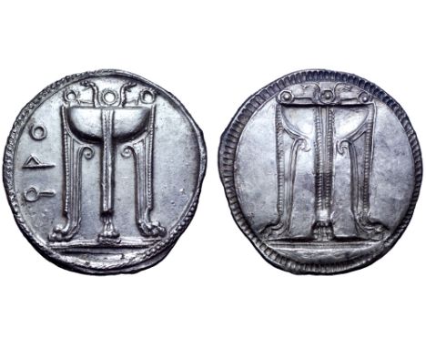 Bruttium, Kroton AR Stater. Circa 530-500 BC. Tripod, legs terminating in lion’s paws, with ornaments on and serpents rising 