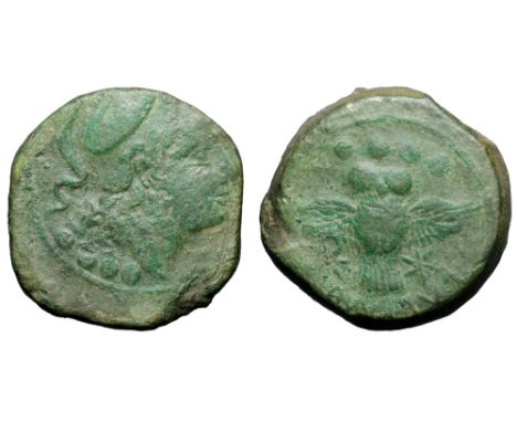 Etruria, Populonia Æ Triens. Late 3rd century BC. Head of Menvra right, wearing Corinthian helmet; •••• below / Etruscan lege