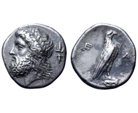 Elis, Olympia AR Stater. 'Zeus' mint, 107th Olympiad, 352 BC. Laureate head of Zeus to left; behind, vertical thunderbolt wit