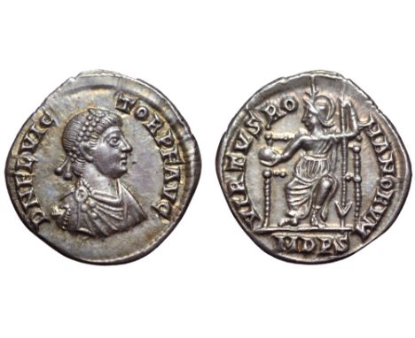 Flavius Victor AR Siliqua. Mediolanum, AD 387-388. D N FL VICTOR P F AVG, pearl-diademed, draped and cuirassed bust right / V