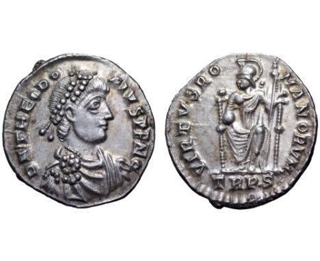 Theodosius I AR Siliqua. Treveri, AD 378-388. D N THEODOSIVS P F AVG, pearl-diademed, draped and cuirassed bust right / VIRTV