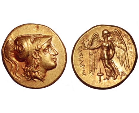 Kingdom of Macedon, Alexander III 'the Great’ AV Stater. Sardes, circa 322-318 BC. Head of Athena right, wearing crested Cori