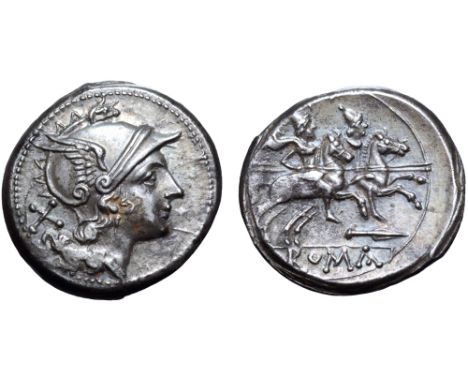 Spearhead Series AR Denarius. South East Italian mint, 209 BC. Head of Roma right, wearing winged helmet ornamented with grif