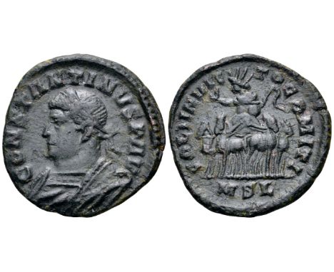 Constantine I BI Nummus. London, late AD 314 - early 315. CONSTANTINVS P AVG, laureate and trabeate bust left / SOLI INVIC-TO