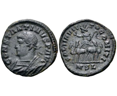 Constantine I BI Nummus. London, late AD 314 - early 315. CONSTANTINVS P AVG, laureate and trabeate bust left / SOLI INVIC-TO