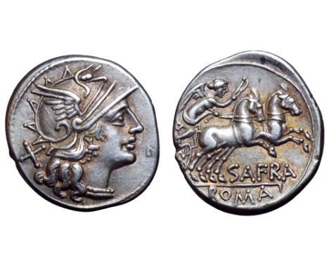 S. Afranius AR Denarius. Rome, 150 BC. Head of Roma right, wearing winged helmet ornamented with griffin’s head; X behind / V