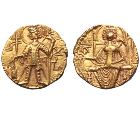 Kushan Empire, Mahi AV Dinar. Uncertain mint, circa AD 300-305. Mahi standing left, sacrificing over altar and holding fillet