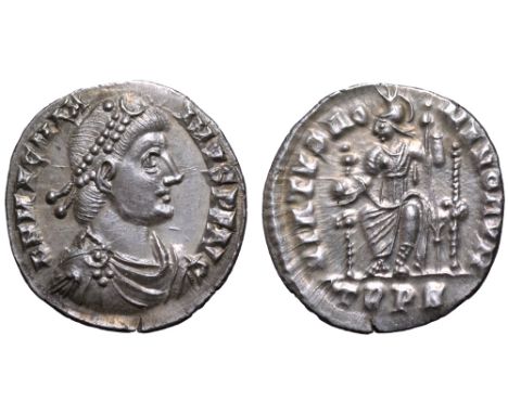 Magnus Maximus AR Siliqua. Treveri, AD 383-388. D N MAG MAXIMVS P F AVG, pearl-diademed, draped and cuirassed bust right / VI