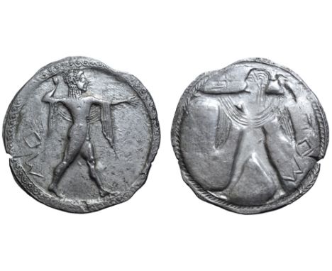 Lucania, Poseidonia AR Stater. Circa 530-500 BC. Poseidon, diademed and wearing chlamys over shoulders, advancing right, wiel